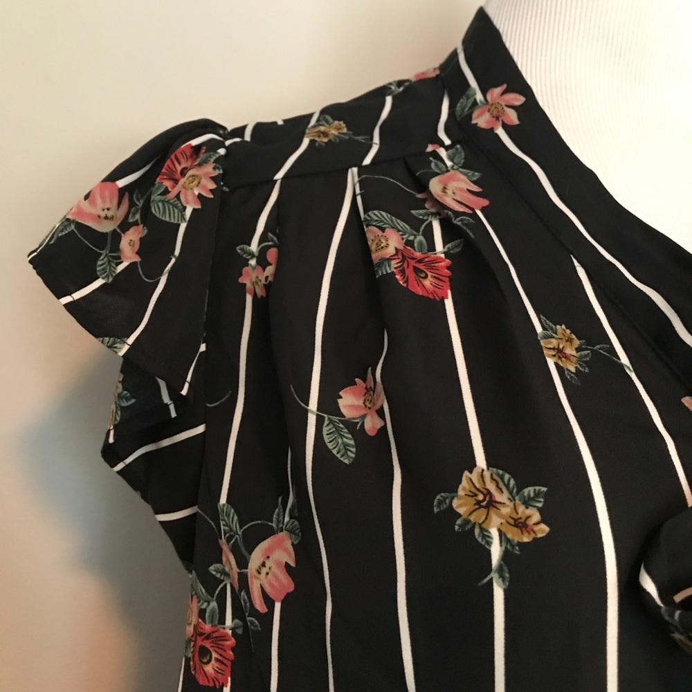 Semi sheer button floral striped bow tank blouse